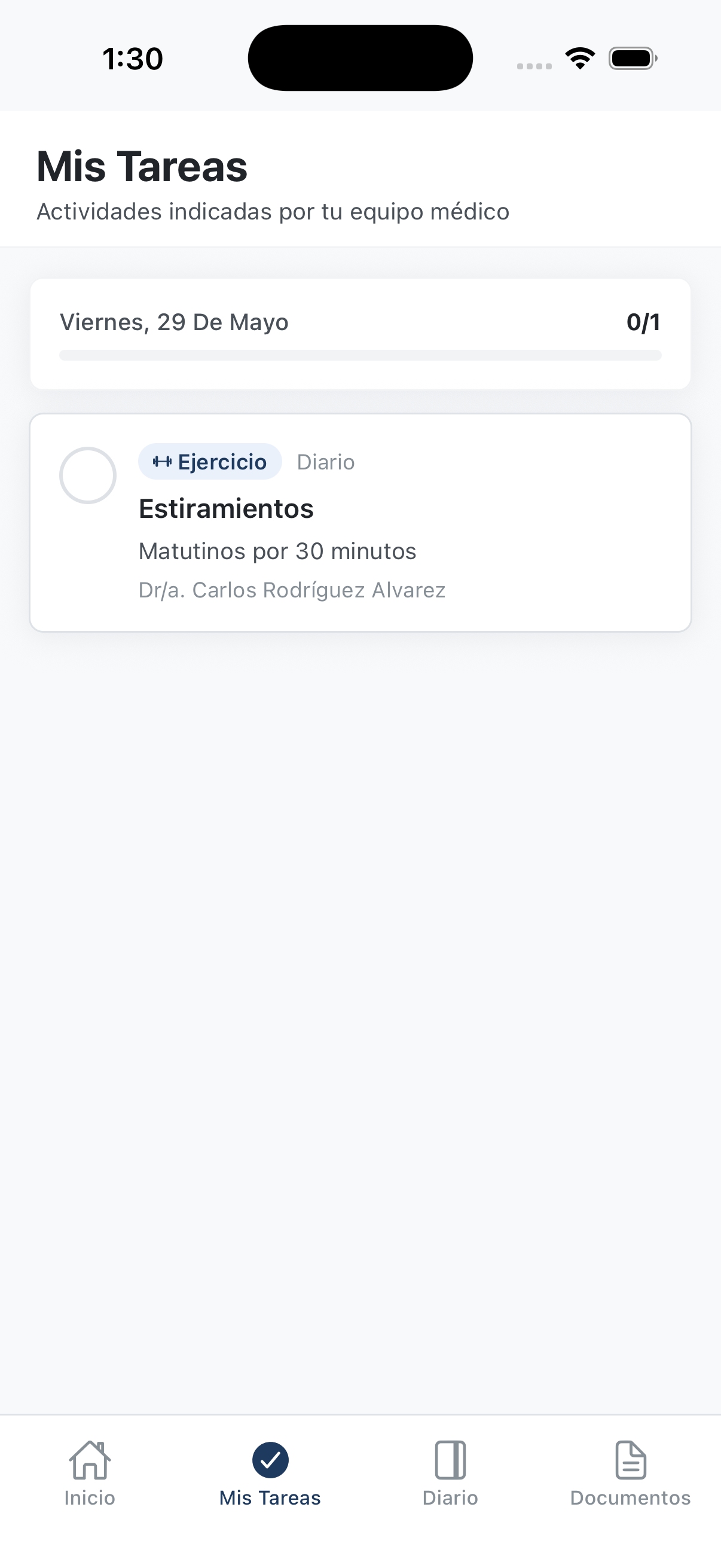 Pauta diaria de tareas del paciente en Sofia App